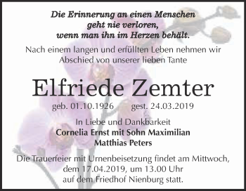 Traueranzeige von Elfriede Zemter von Super Sonntag Bernburg