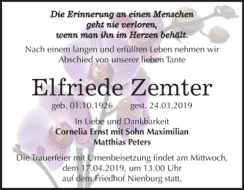 Traueranzeige von Elfriede Zemter von Mitteldeutsche Zeitung