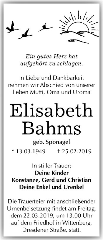 Traueranzeige von Elisabeth Bahms von Mitteldeutsche Zeitung
