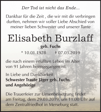 Traueranzeige von Elisabeth Burzlaff von Mitteldeutsche Zeitung