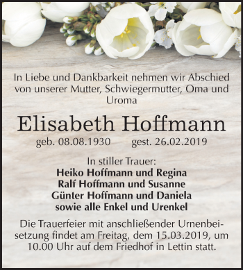 Traueranzeige von Elisabeth Hoffmann von Mitteldeutsche Zeitung
