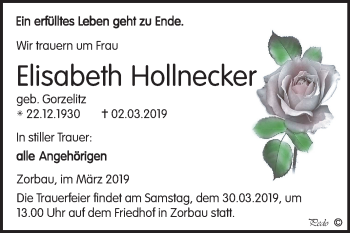 Traueranzeige von Elisabeth Hollnecker von Mitteldeutsche Zeitung Weißenfels