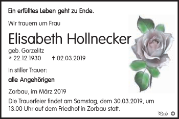 Traueranzeige von Elisabeth Hollnecker von WVG - Wochenspiegel NMB / WSF / ZTZ