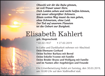 Traueranzeige von Elisabeth Kahlert von Mitteldeutsche Zeitung Halle/Saalkreis