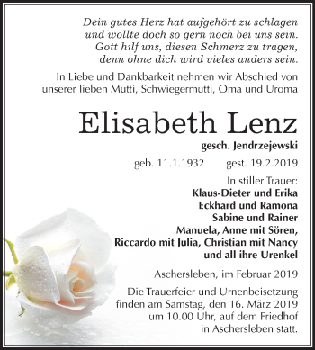 Traueranzeige von Elisabeth Lenz von Mitteldeutsche Zeitung Aschersleben