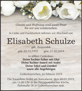 Traueranzeige von Elisabeth Schulze von Mitteldeutsche Zeitung