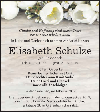 Traueranzeige von Elisabeth Schulze von WVG - Wochenspiegel Wittenberg
