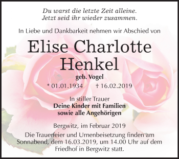 Traueranzeige von Elise Charlotte von Mitteldeutsche Zeitung