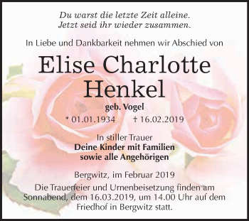 Traueranzeige von Elise Charlotte Henkel von WVG - Wochenspiegel Wittenberg