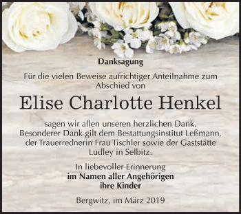Traueranzeige von Elise Charlotte Henkel von WVG - Wochenspiegel Wittenberg