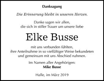 Traueranzeige von Elke Busse von Mitteldeutsche Zeitung Halle/Saalkreis