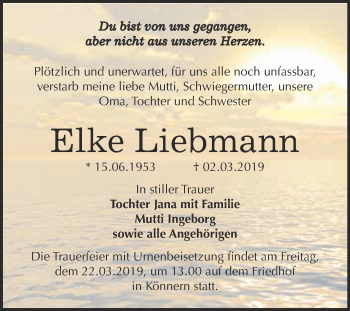 Traueranzeige von Elke Liebmann von Super Sonntag Bernburg