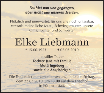 Traueranzeige von Elke Liebmann von Mitteldeutsche Zeitung Bernburg