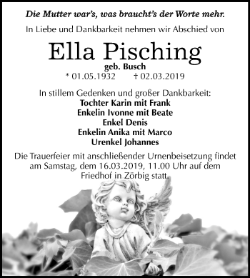 Traueranzeige von Ella Pisching von Mitteldeutsche Zeitung Bitterfeld