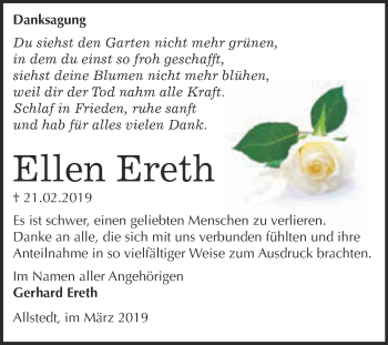 Traueranzeige von Ellen Ereth von Super Sonntag SGH Mansf. Land
