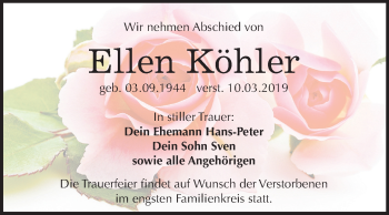 Traueranzeige von Ellen Köhler von Mitteldeutsche Zeitung Weißenfels