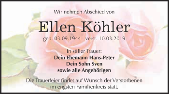 Traueranzeige von Ellen Köhler von WVG - Wochenspiegel NMB / WSF / ZTZ