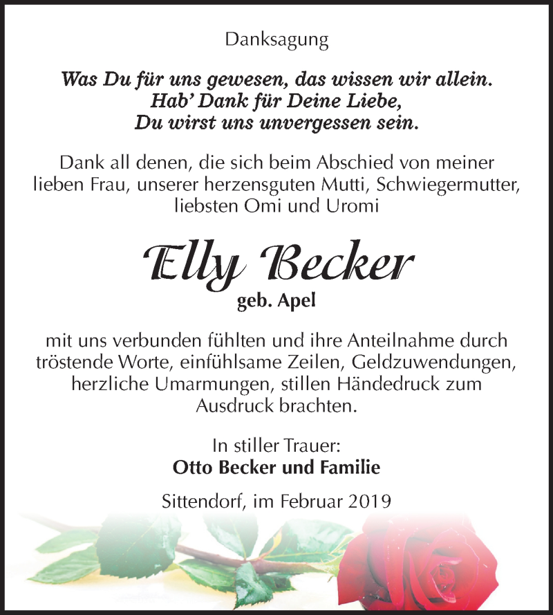  Traueranzeige für Elly Becker vom 02.03.2019 aus Mitteldeutsche Zeitung