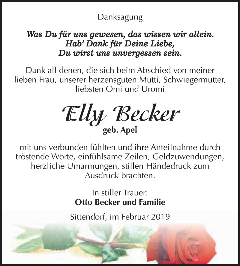  Traueranzeige für Elly Becker vom 02.03.2019 aus Super Sonntag SGH Mansf. Land