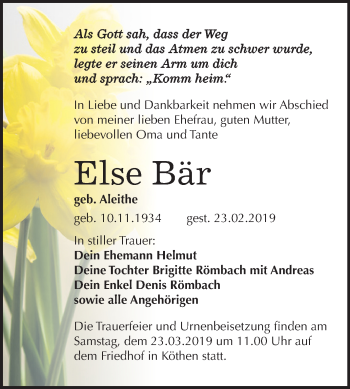 Traueranzeige von Else Bär von Mitteldeutsche Zeitung Köthen