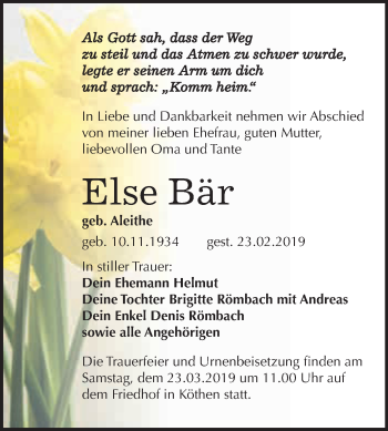 Traueranzeige von Else Bär von WVG - Wochenspiegel Dessau / Köthen