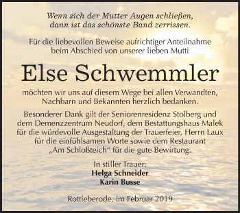 Traueranzeige von Else Schwemmler von Super Sonntag SGH Mansf. Land