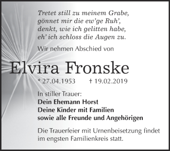 Traueranzeige von Elvira Fronske von WVG - Wochenspiegel Bitterfeld