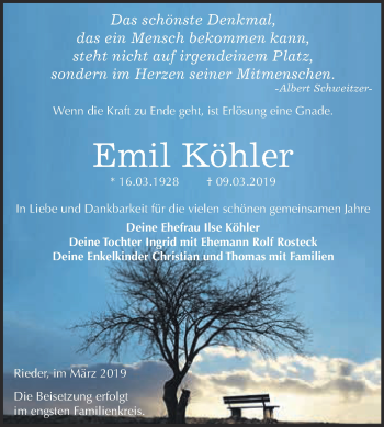 Traueranzeige von Emil Köhler von Super Sonntag Quedlinburg