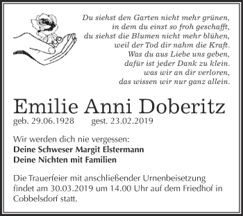 Traueranzeige von Emilie Anni Doberitz von Super Sonntag Wittenberg