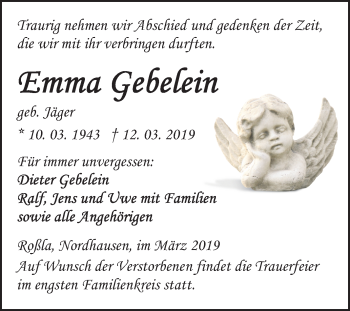 Traueranzeige von Emma Gebelein von Mitteldeutsche Zeitung