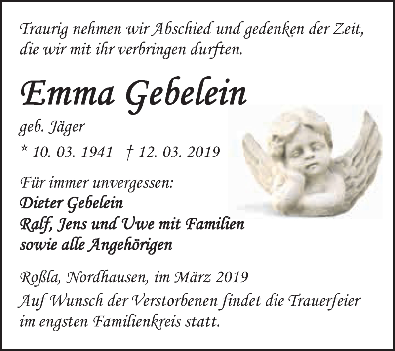  Traueranzeige für Emma Gebelein vom 16.03.2019 aus Super Sonntag SGH Mansf. Land