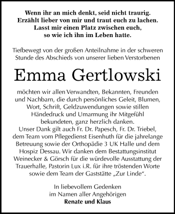 Traueranzeige von Emma Gertlowski von Mitteldeutsche Zeitung