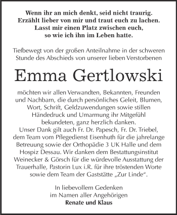 Traueranzeige von Emma Gertlowski von Super Sonntag Bernburg