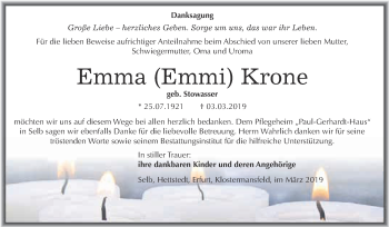 Traueranzeige von Emma Emmi Krone von Wochenspiegel Mansfelder Land