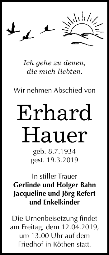Traueranzeige von Erhard Hauer von WVG - Wochenspiegel Dessau / Köthen