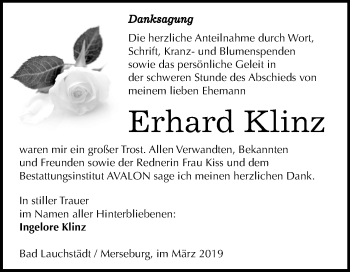 Traueranzeige von Erhard Klinz von Mitteldeutsche Zeitung Merseburg/Querfurt