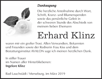 Traueranzeige von Erhard Klinz von WVG - Wochenspiegel Merseburg