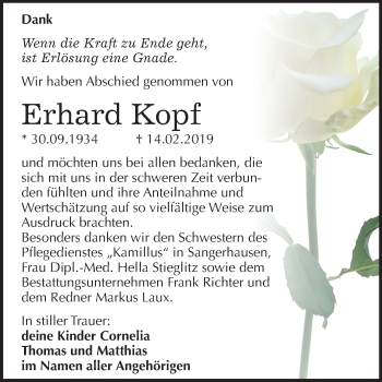 Traueranzeige von Erhard Kopf von Mitteldeutsche Zeitung Sangerhausen