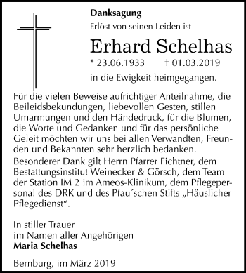 Traueranzeige von Erhard Schelhas von Mitteldeutsche Zeitung Bernburg