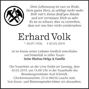 Traueranzeige von Erhard Volk von WVG - Wochenspiegel NMB / WSF / ZTZ