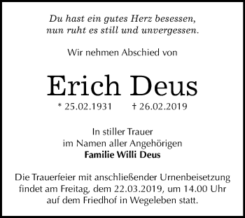 Traueranzeige von Erich Deus von Mitteldeutsche Zeitung Quedlinburg