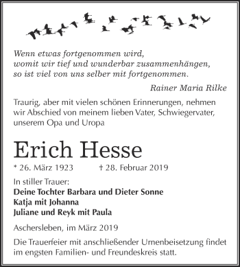 Traueranzeige von Erich Hesse von Super Sonntag Aschersleben