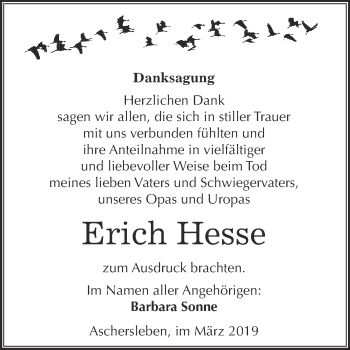 Traueranzeige von Erich Hesse von Super Sonntag Aschersleben