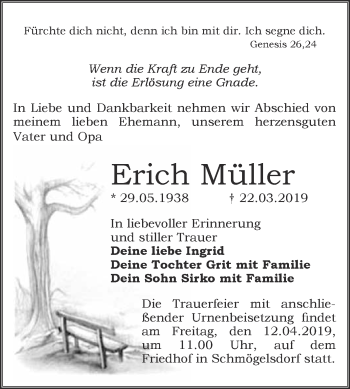 Traueranzeige von Erich Müller von WVG - Wochenspiegel Wittenberg