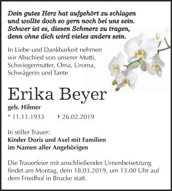 Traueranzeige von Erika Beyer von Super Sonntag Bernburg