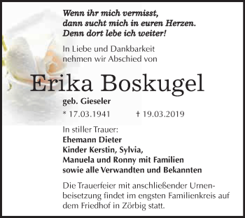 Traueranzeige von Erika Boskugel von WVG - Wochenspiegel Bitterfeld