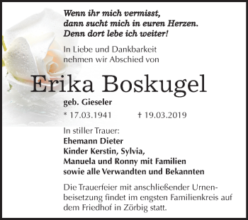 Traueranzeige von Erika Boskugel von Mitteldeutsche Zeitung Bitterfeld
