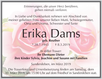 Traueranzeige von Erika Dams von Mitteldeutsche Zeitung Mansfelder Land