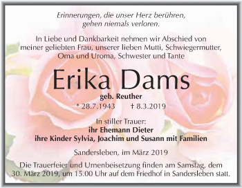 Traueranzeige von Erika Dams von Super Sonntag SGH Mansf. Land