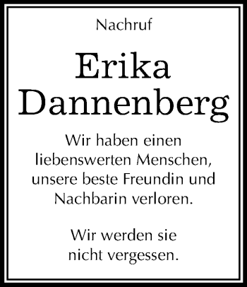 Traueranzeige von Erika Dannenberg von WVG - Wochenspiegel Bitterfeld